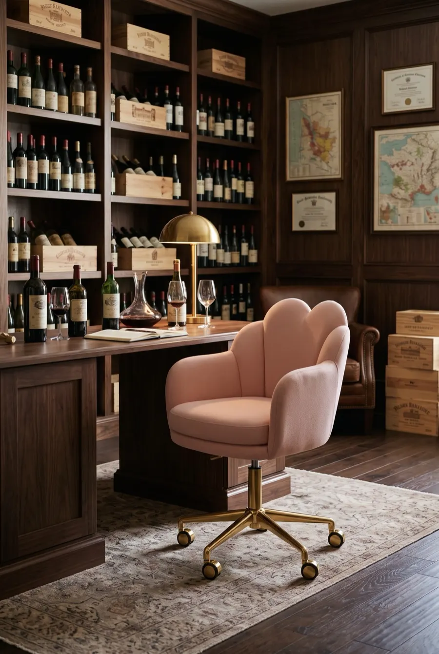 Silla rosa en una cava de vinos