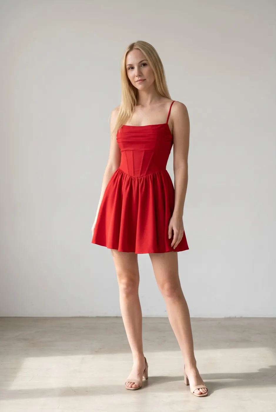 La modelo de la marca con el vestido rojo, de cuerpo entero